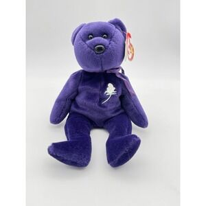 Ty Purple Princess Diana Bear Beanie Baby White Rose 1997